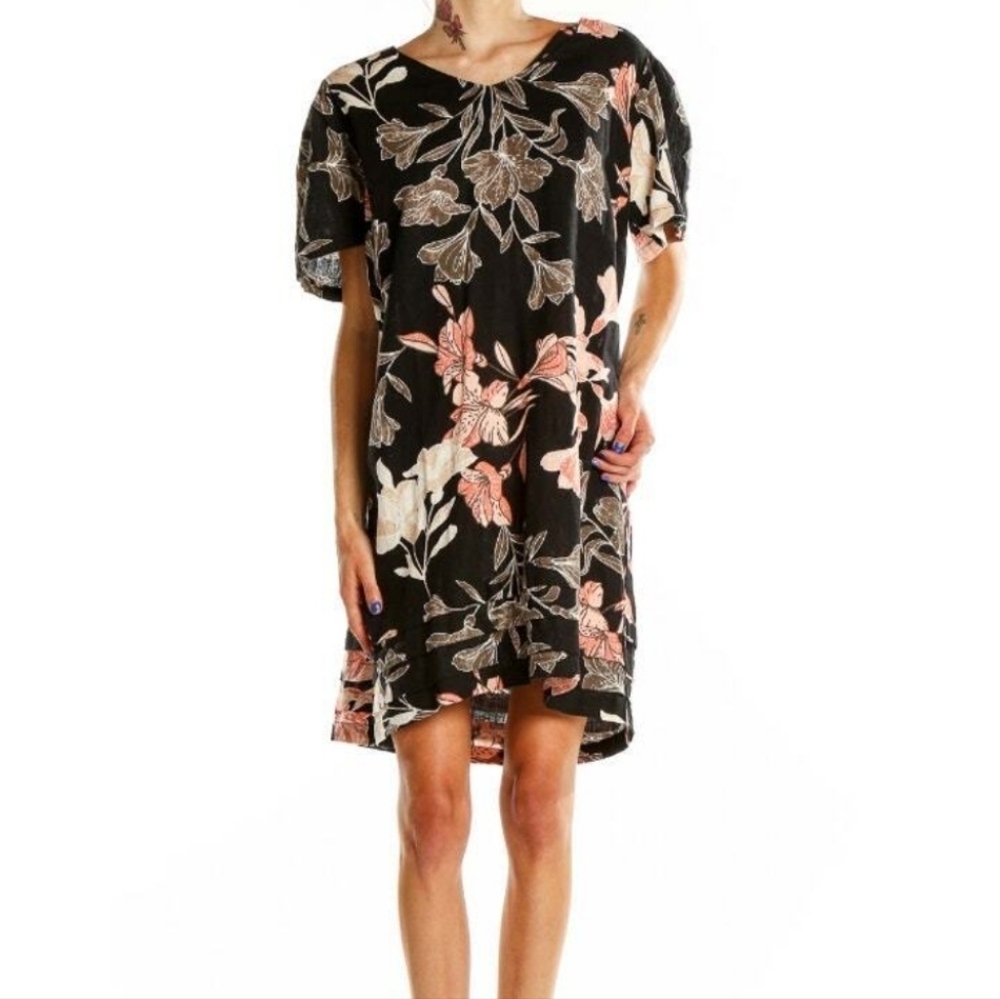 Nicole Miller Original Linen Blend Black & Peach Tropical Floral Shift Dress